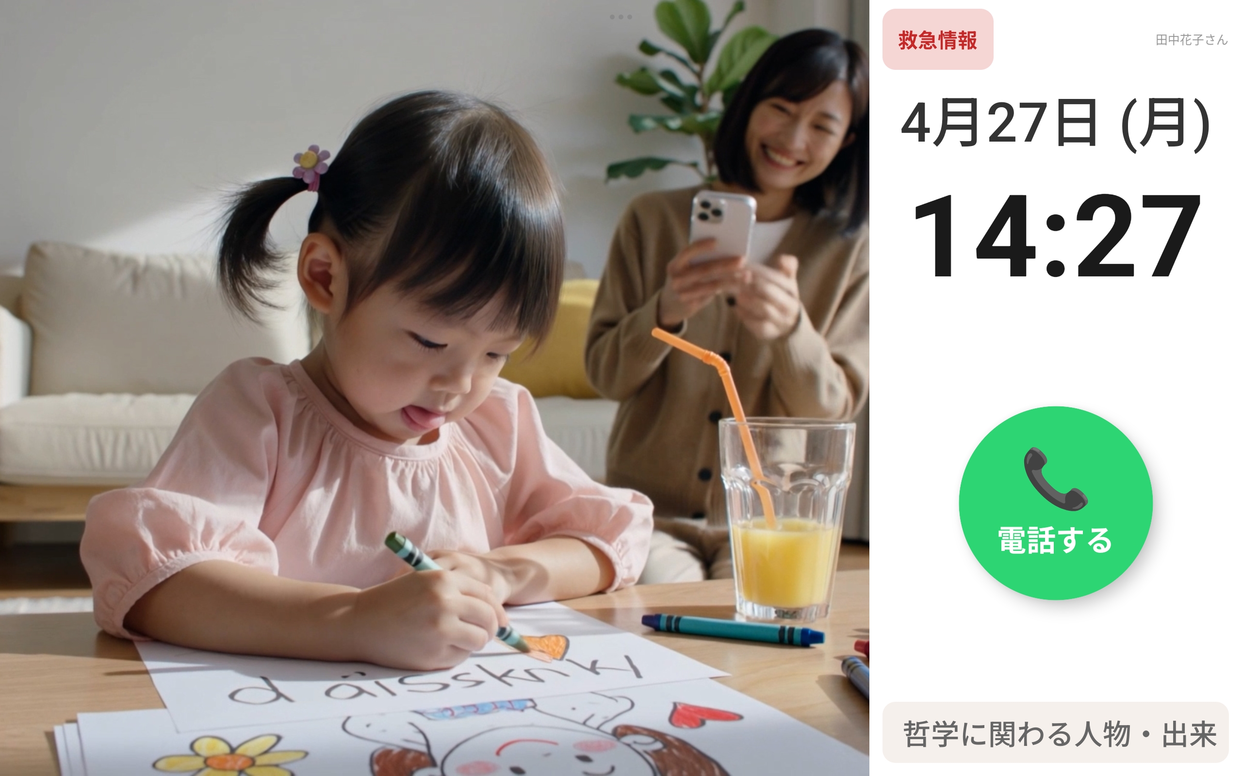 BabuuTalk タブレットのホーム画面（左側のアルバム枠に公式キャラクター バブー）