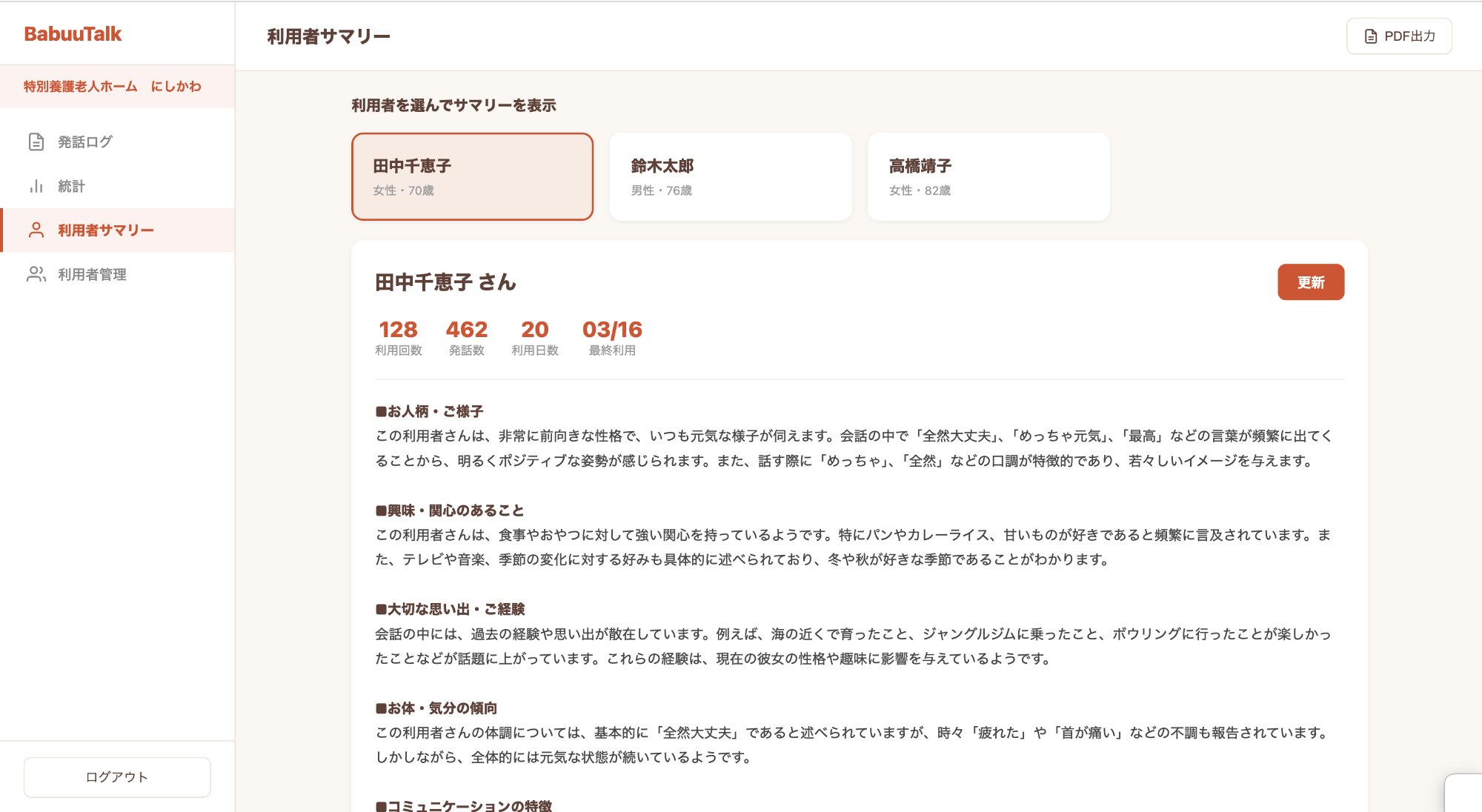 BabuuTalk ダッシュボード - 利用者サマリー画面